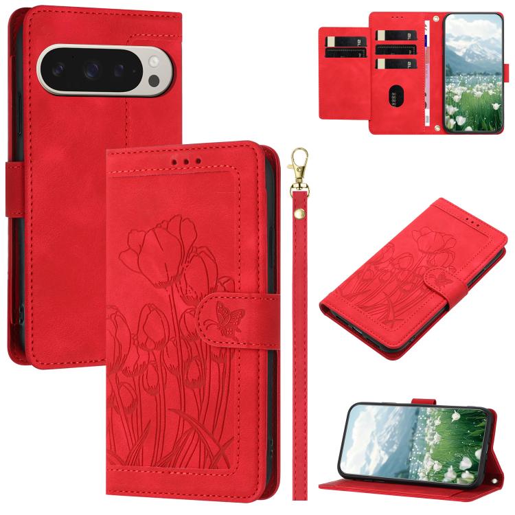 For Google Pixel 10 Pro XL Tulips Embossed Leather Phone Case with Lanyard(Red) - Google Cases by buy2fix | Online Shopping UK | buy2fix
