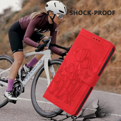 For Google Pixel 10 Pro XL Tulips Embossed Leather Phone Case with Lanyard(Red) - Google Cases by buy2fix | Online Shopping UK | buy2fix