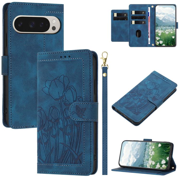For Google Pixel 10 Pro XL Tulips Embossed Leather Phone Case with Lanyard(Blue) - Google Cases by buy2fix | Online Shopping UK | buy2fix