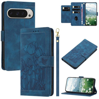 For Google Pixel 10 Pro XL Tulips Embossed Leather Phone Case with Lanyard(Blue) - Google Cases by buy2fix | Online Shopping UK | buy2fix