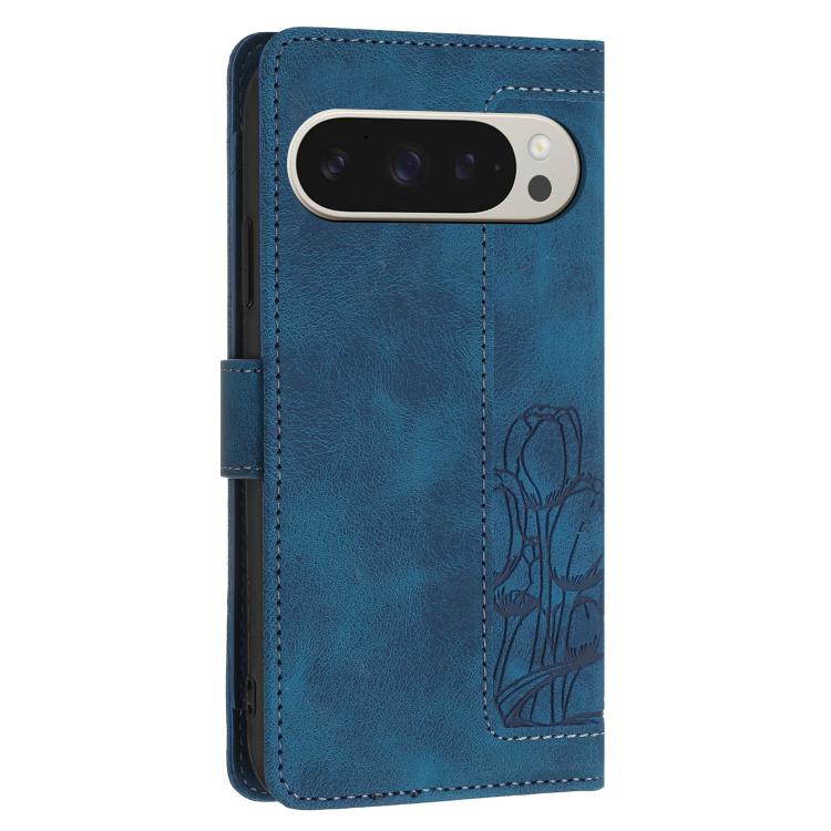 For Google Pixel 10 Pro XL Tulips Embossed Leather Phone Case with Lanyard(Blue) - Google Cases by buy2fix | Online Shopping UK | buy2fix
