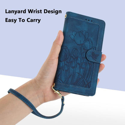 For Google Pixel 10 Pro XL Tulips Embossed Leather Phone Case with Lanyard(Blue) - Google Cases by buy2fix | Online Shopping UK | buy2fix