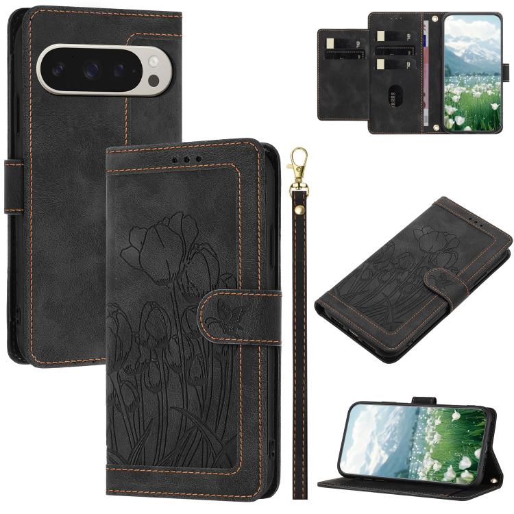 For Google Pixel 10 Pro XL Tulips Embossed Leather Phone Case with Lanyard(Black) - Google Cases by buy2fix | Online Shopping UK | buy2fix