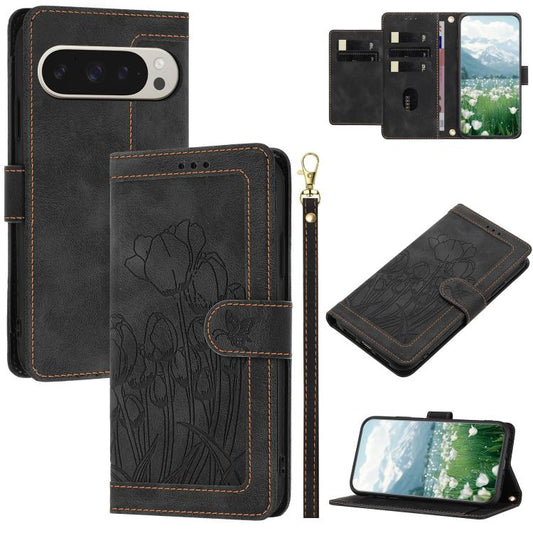 For Google Pixel 10 Pro XL Tulips Embossed Leather Phone Case with Lanyard(Black) - Google Cases by buy2fix | Online Shopping UK | buy2fix