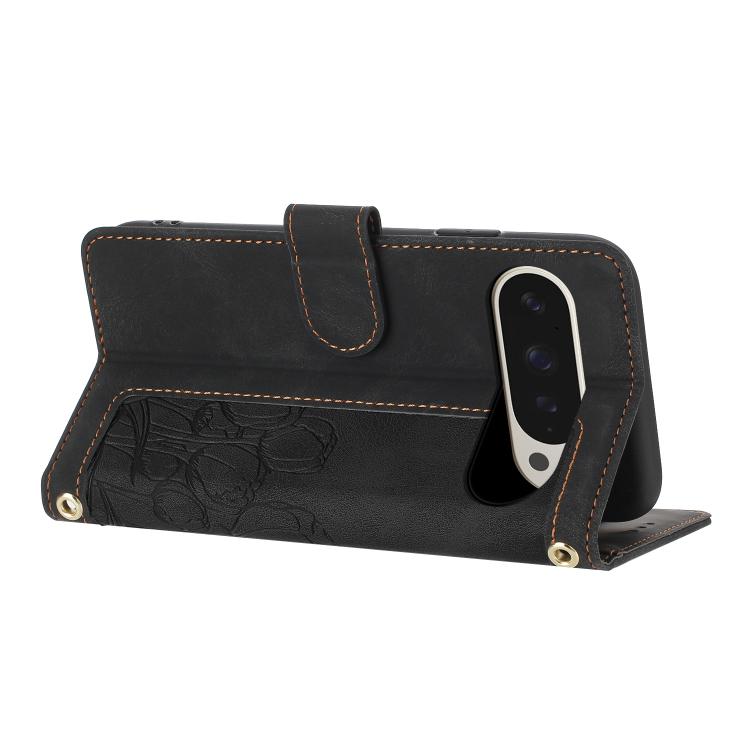 For Google Pixel 10 Pro XL Tulips Embossed Leather Phone Case with Lanyard(Black) - Google Cases by buy2fix | Online Shopping UK | buy2fix