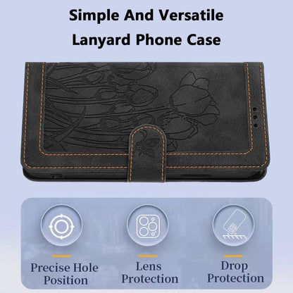 For Google Pixel 10 Pro XL Tulips Embossed Leather Phone Case with Lanyard(Black) - Google Cases by buy2fix | Online Shopping UK | buy2fix