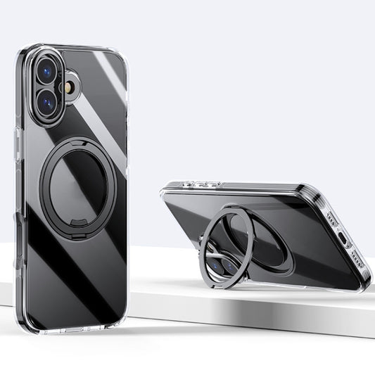 For iPhone 16 Plus Gear Plating PC 360 Ring Holder Magsafe Phone Case(Transparent Black) - iPhone 16 Plus Cases by buy2fix | Online Shopping UK | buy2fix