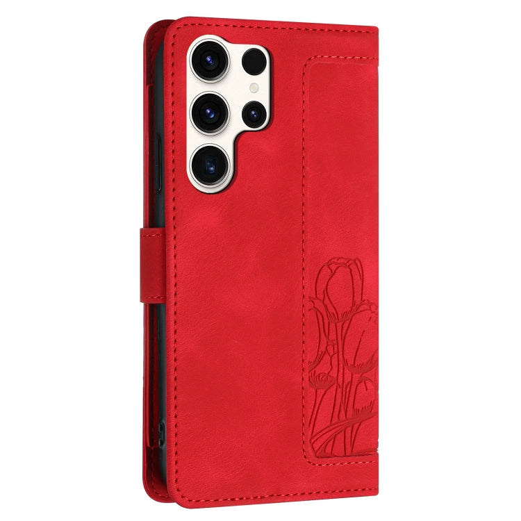 For Samsung Galaxy S25 Ultra 5G Tulips Embossed Leather Phone Case with Lanyard(Red) - Galaxy S25 Ultra 5G Cases by buy2fix | Online Shopping UK | buy2fix