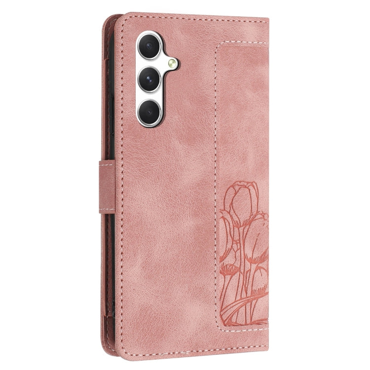 For Samsung Galaxy S25+ 5G Tulips Embossed Leather Phone Case with Lanyard(Pink) - Galaxy S25+ 5G Cases by buy2fix | Online Shopping UK | buy2fix