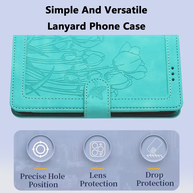 For Samsung Galaxy S25+ 5G Tulips Embossed Leather Phone Case with Lanyard(Green) by buy2fix