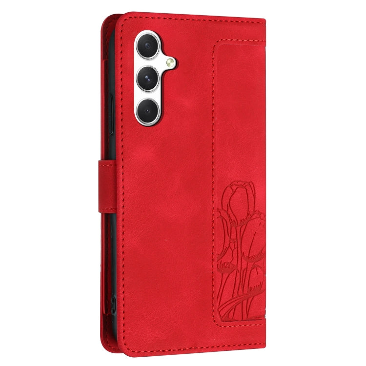For Samsung Galaxy S25+ 5G Tulips Embossed Leather Phone Case with Lanyard(Red) by buy2fix