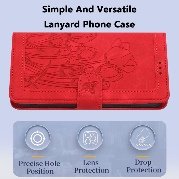 For Samsung Galaxy S25+ 5G Tulips Embossed Leather Phone Case with Lanyard(Red) by buy2fix