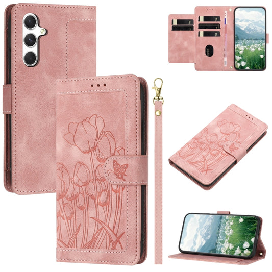 For Samsung Galaxy S25 5G Tulips Embossed Leather Phone Case with Lanyard(Pink) - Galaxy S25 5G Cases by buy2fix | Online Shopping UK | buy2fix