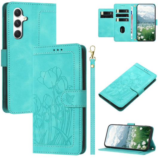 For Samsung Galaxy S25 5G Tulips Embossed Leather Phone Case with Lanyard(Green) - Galaxy S25 5G Cases by buy2fix | Online Shopping UK | buy2fix