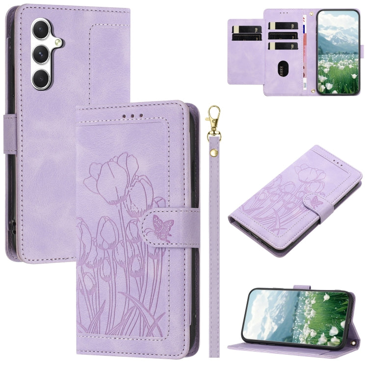 For Samsung Galaxy S25 5G Tulips Embossed Leather Phone Case with Lanyard(Purple) by buy2fix