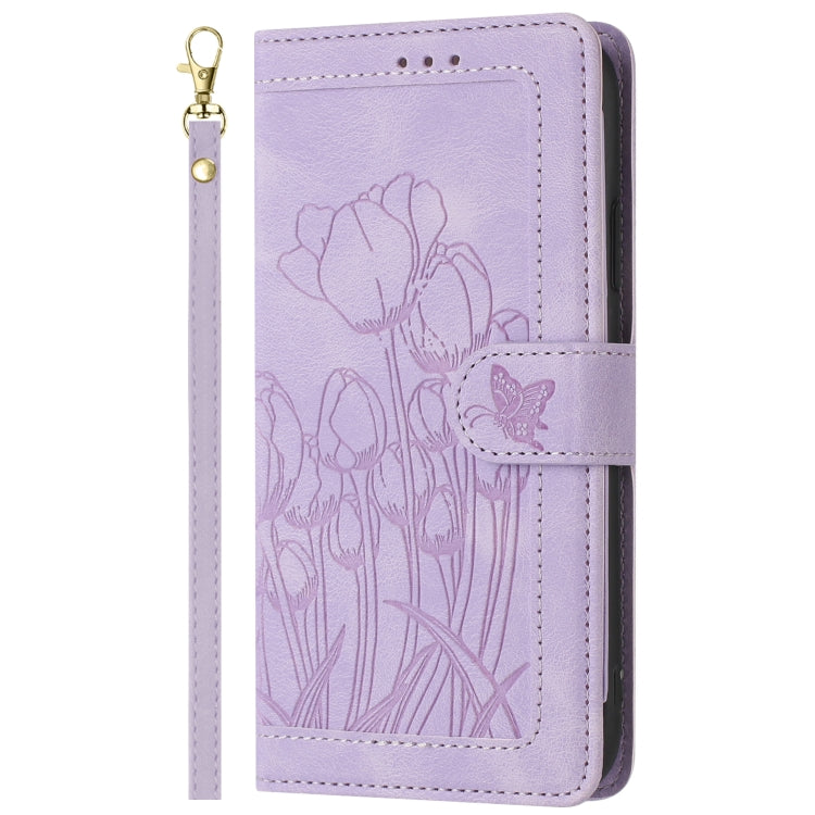 For Samsung Galaxy S25 5G Tulips Embossed Leather Phone Case with Lanyard(Purple) by buy2fix
