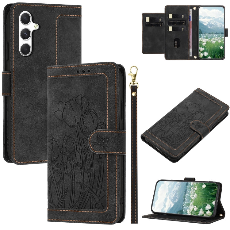 For Samsung Galaxy S25 5G Tulips Embossed Leather Phone Case with Lanyard(Black) by buy2fix