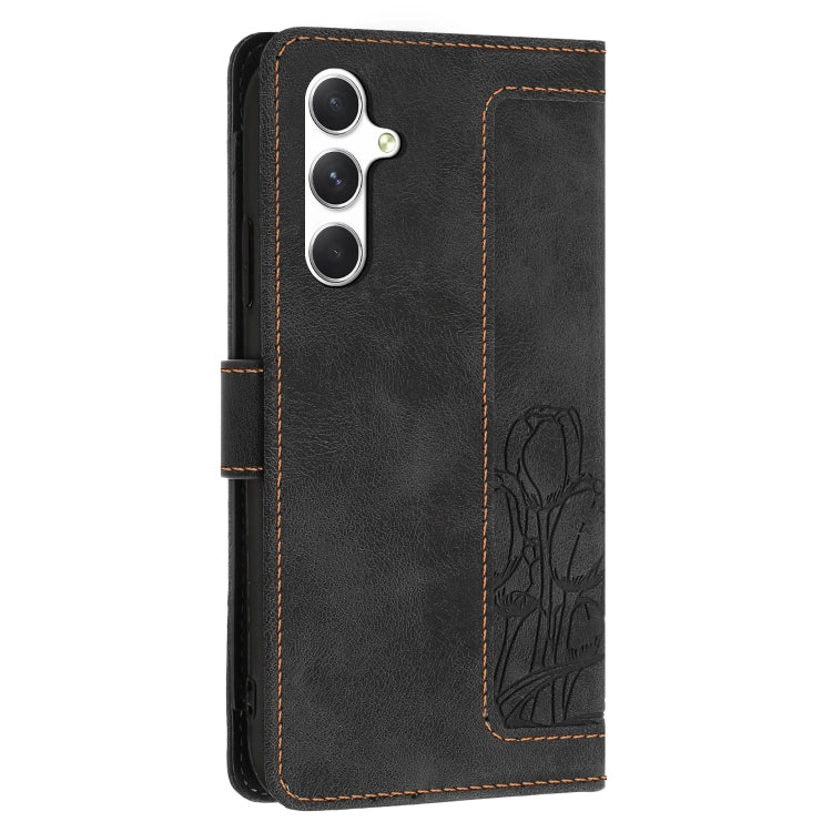 For Samsung Galaxy S25 5G Tulips Embossed Leather Phone Case with Lanyard(Black) by buy2fix