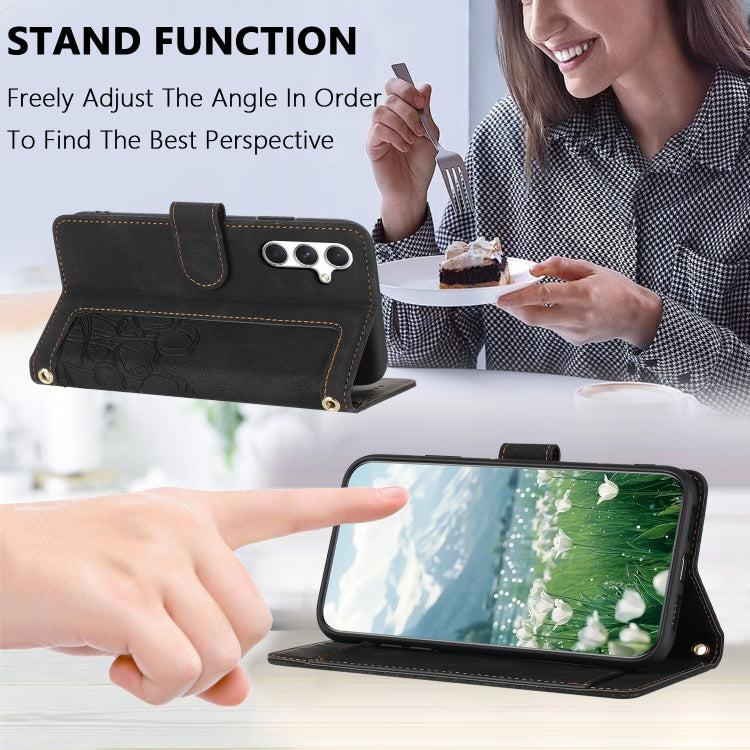 For Samsung Galaxy S25 5G Tulips Embossed Leather Phone Case with Lanyard(Black) by buy2fix