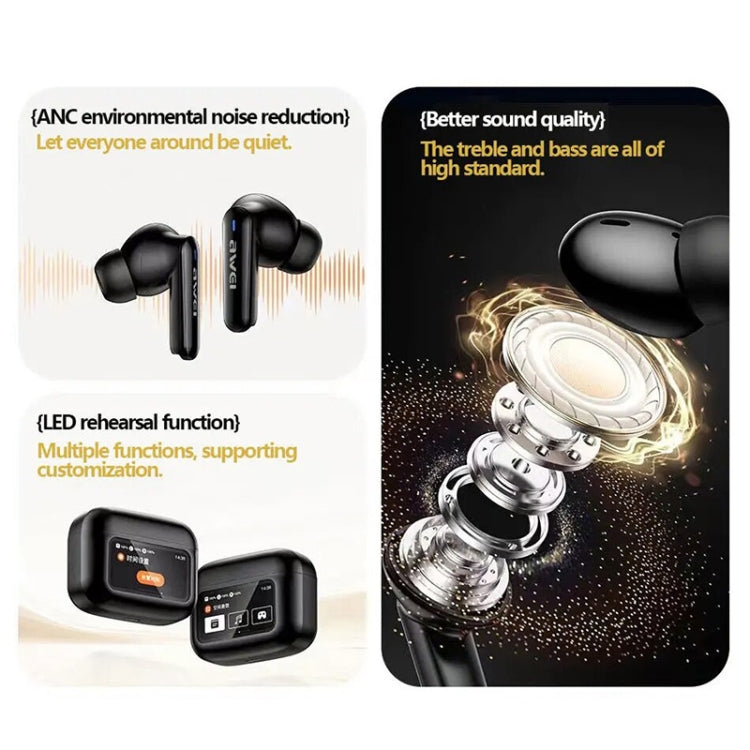 awei T56 ANC Noise Reduction Wireless Bluetooth Earphone with LED Touch Screen(Black) - Bluetooth Earphone by awei | Online Shopping UK | buy2fix