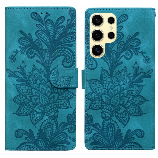 For Samsung Galaxy S25 Ultra 5G Lace Floral Embossed Magnetic Buckle PU Phone Case With Wrist Strap(Green) by buy2fix