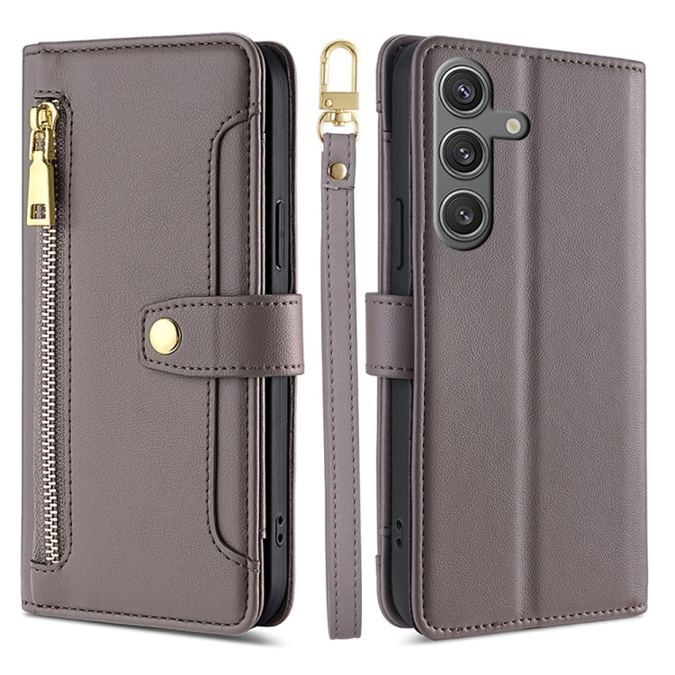 For Samsung Galaxy S25 5G Sheep Texture Cross-body Zipper Wallet Leather Phone Case(Grey) by buy2fix