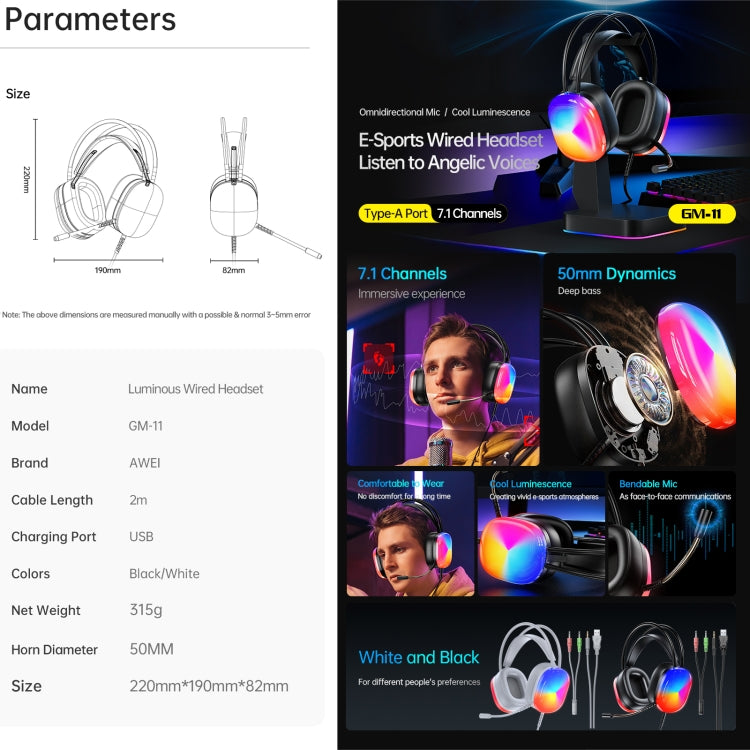 awei GM-11 Luminous Wired Headphones, Cable Length: 2m(Black) - Multimedia Headset by awei | Online Shopping UK | buy2fix