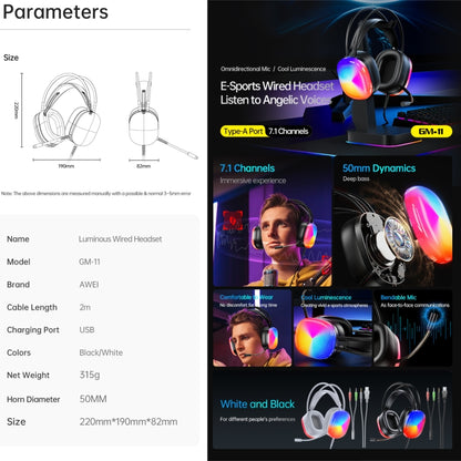 awei GM-11 Luminous Wired Headphones, Cable Length: 2m(White) - Multimedia Headset by awei | Online Shopping UK | buy2fix