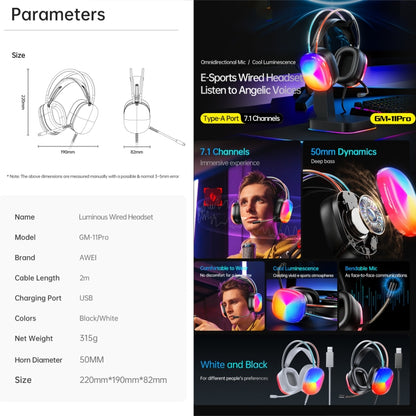 awei GM-11 Pro Luminous Wired Headphones, Cable Length: 2m(White) - Multimedia Headset by awei | Online Shopping UK | buy2fix