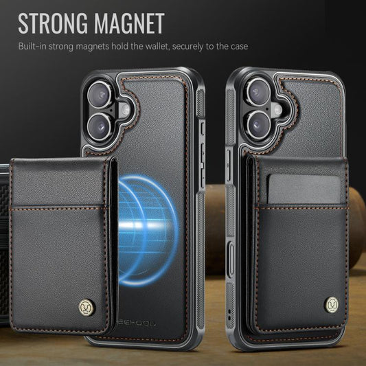 For iPhone 16 JEEHOOD J06 British Style RFID MagSafe Card Bag PU Phone Case(Black) by JEEHOOD