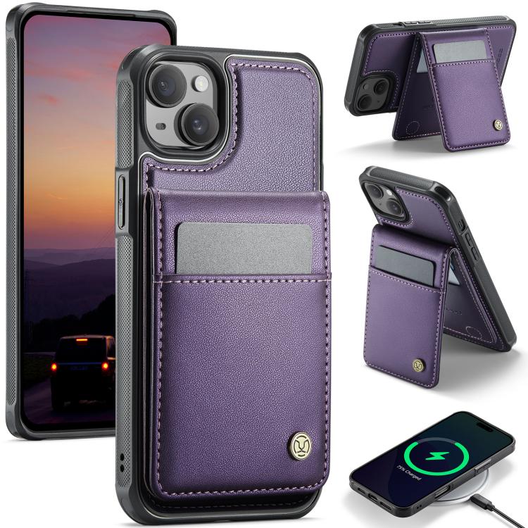 For iPhone 15 Plus JEEHOOD J06 British Style RFID MagSafe Card Bag PU Phone Case(Purple) - iPhone 15 Plus Cases by JEEHOOD | Online Shopping UK | buy2fix