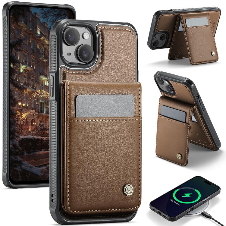 For iPhone 15 Plus JEEHOOD J06 British Style RFID MagSafe Card Bag PU Phone Case(Brown) - iPhone 15 Plus Cases by JEEHOOD | Online Shopping UK | buy2fix