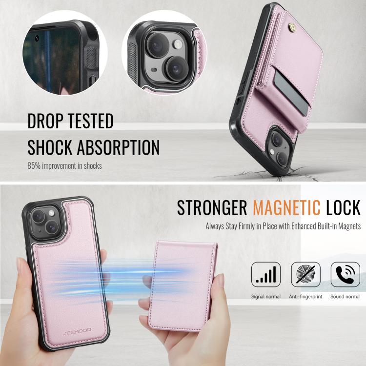 For iPhone 15 Plus JEEHOOD J06 British Style RFID MagSafe Card Bag PU Phone Case(Pink) - iPhone 15 Plus Cases by JEEHOOD | Online Shopping UK | buy2fix
