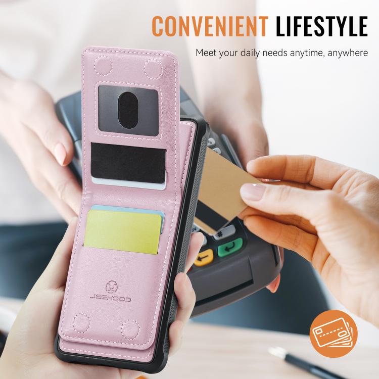 For iPhone 15 Plus JEEHOOD J06 British Style RFID MagSafe Card Bag PU Phone Case(Pink) - iPhone 15 Plus Cases by JEEHOOD | Online Shopping UK | buy2fix