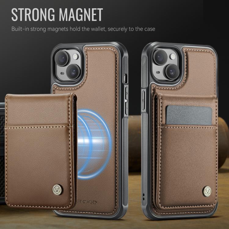 For iPhone 15 JEEHOOD J06 British Style RFID MagSafe Card Bag PU Phone Case(Brown) - iPhone 15 Cases by JEEHOOD | Online Shopping UK | buy2fix