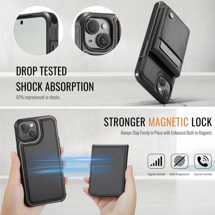 For iPhone 15 JEEHOOD J06 British Style RFID MagSafe Card Bag PU Phone Case(Black) - iPhone 15 Cases by JEEHOOD | Online Shopping UK | buy2fix