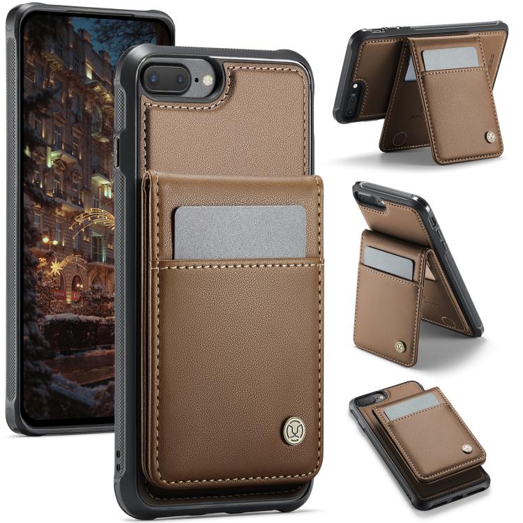 For iPhone 8 Plus / 7 Plus JEEHOOD J06 British Style RFID MagSafe Card Bag PU Phone Case(Brown) - More iPhone Cases by JEEHOOD | Online Shopping UK | buy2fix
