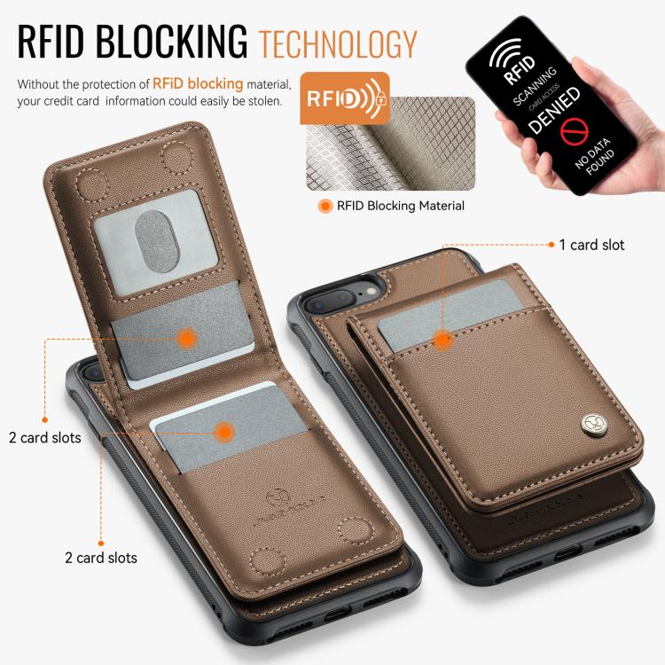For iPhone 8 Plus / 7 Plus JEEHOOD J06 British Style RFID MagSafe Card Bag PU Phone Case(Brown) - More iPhone Cases by JEEHOOD | Online Shopping UK | buy2fix