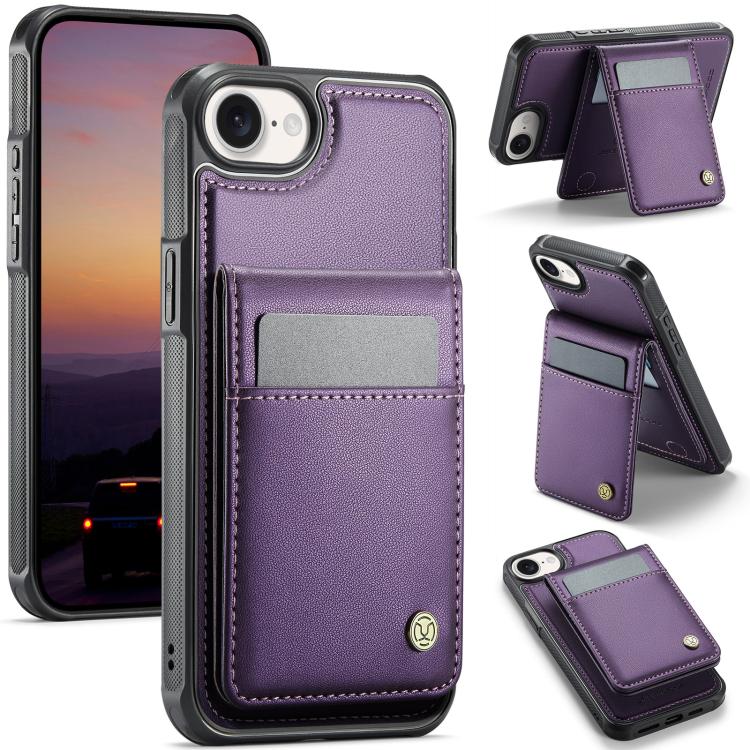 For iPhone 16e JEEHOOD J06 British Style RFID MagSafe Card Bag PU Phone Case(Purple) - iPhone 16e Cases by JEEHOOD | Online Shopping UK | buy2fix