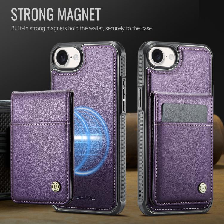 For iPhone 16e JEEHOOD J06 British Style RFID MagSafe Card Bag PU Phone Case(Purple) - iPhone 16e Cases by JEEHOOD | Online Shopping UK | buy2fix