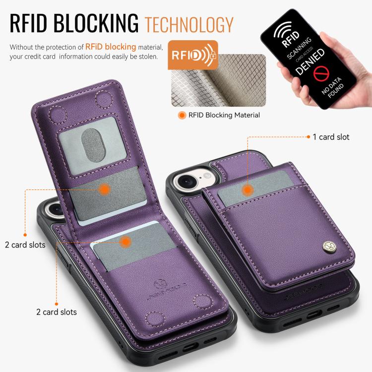For iPhone 16e JEEHOOD J06 British Style RFID MagSafe Card Bag PU Phone Case(Purple) - iPhone 16e Cases by JEEHOOD | Online Shopping UK | buy2fix