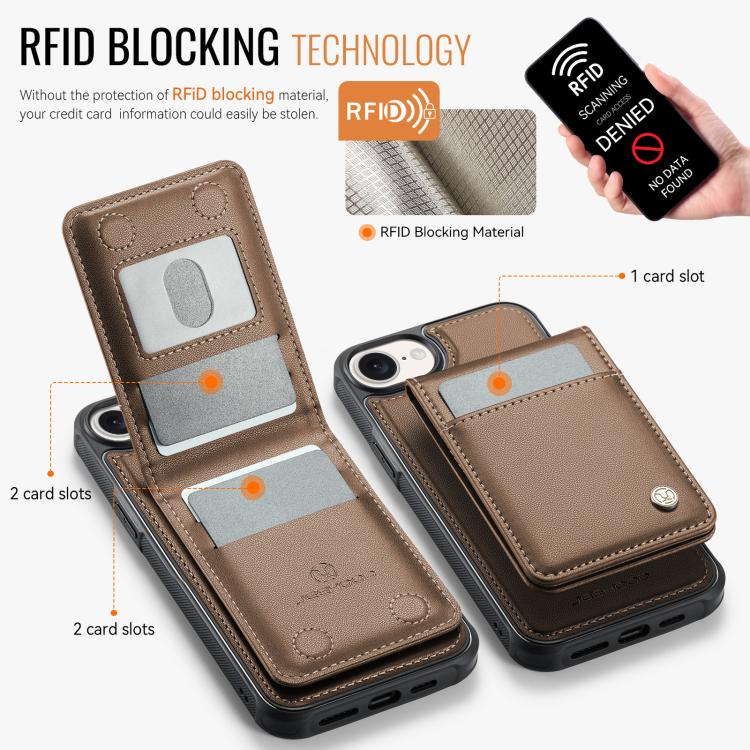 For iPhone 16e JEEHOOD J06 British Style RFID MagSafe Card Bag PU Phone Case(Brown) - iPhone 16e Cases by JEEHOOD | Online Shopping UK | buy2fix