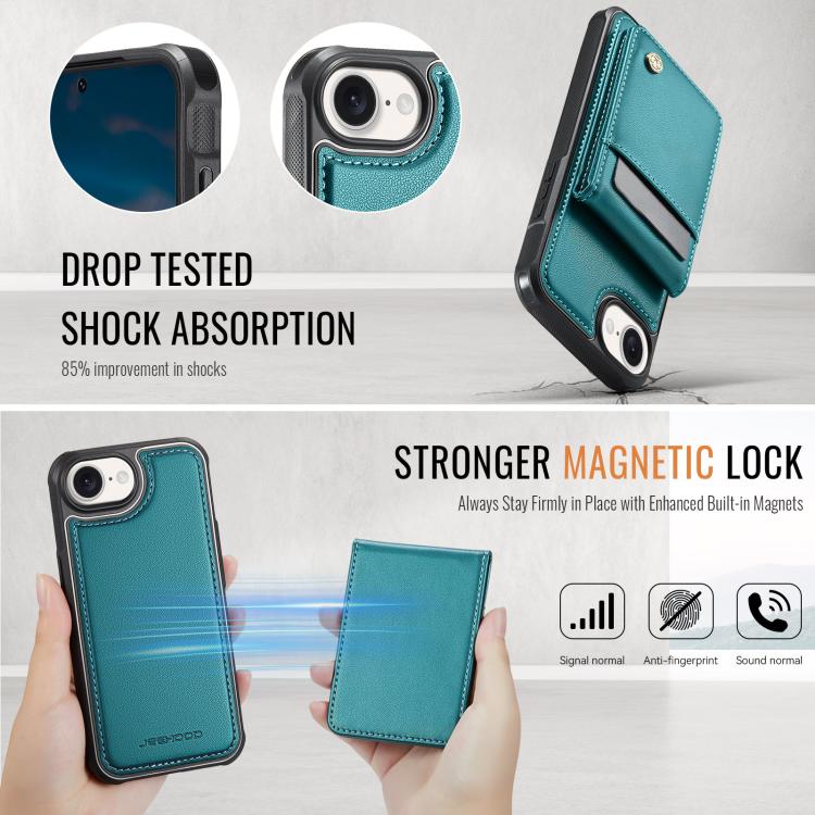 For iPhone 16e JEEHOOD J06 British Style RFID MagSafe Card Bag PU Phone Case(Green) - iPhone 16e Cases by JEEHOOD | Online Shopping UK | buy2fix