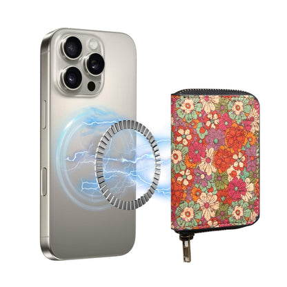 Denior V16 Flower MagSafe RFID Zipper Wallet Card Bag Case(Red) - Adhesive Card Holders by Denior | Online Shopping UK | buy2fix