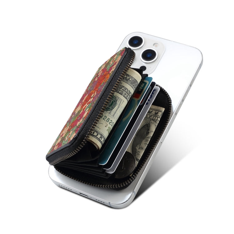 Denior V16 Flower MagSafe RFID Zipper Wallet Card Bag Case(Red) - Adhesive Card Holders by Denior | Online Shopping UK | buy2fix