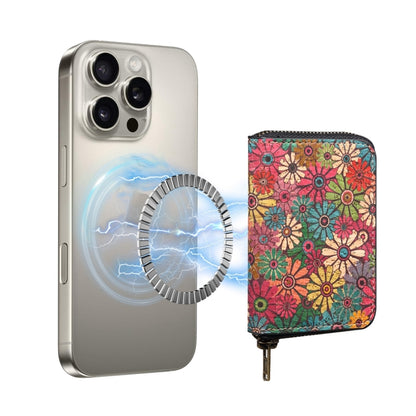 Denior V16 Flower MagSafe RFID Zipper Wallet Card Bag Case(Green) - Adhesive Card Holders by Denior | Online Shopping UK | buy2fix