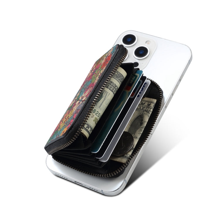 Denior V16 Flower MagSafe RFID Zipper Wallet Card Bag Case(Green) - Adhesive Card Holders by Denior | Online Shopping UK | buy2fix