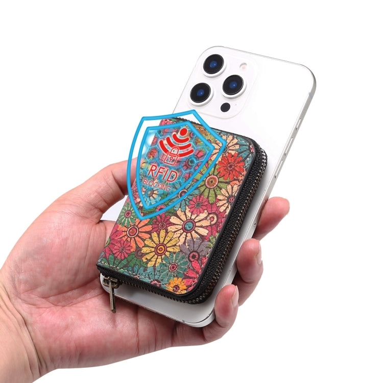 Denior V16 Flower MagSafe RFID Zipper Wallet Card Bag Case(Green) - Adhesive Card Holders by Denior | Online Shopping UK | buy2fix