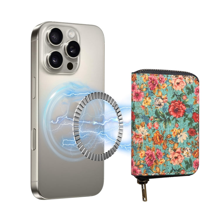 Denior V16 Flower MagSafe RFID Zipper Wallet Card Bag Case(Blue) - Adhesive Card Holders by Denior | Online Shopping UK | buy2fix