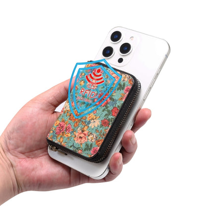 Denior V16 Flower MagSafe RFID Zipper Wallet Card Bag Case(Blue) - Adhesive Card Holders by Denior | Online Shopping UK | buy2fix